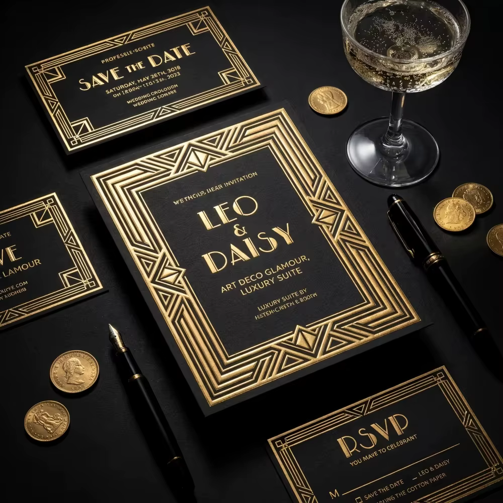 Bespoke Luxury Geometric Art Deco 3D Gold Foil Wedding Invitation Suite Envelope RSVP Thank You Card Details Card Set
