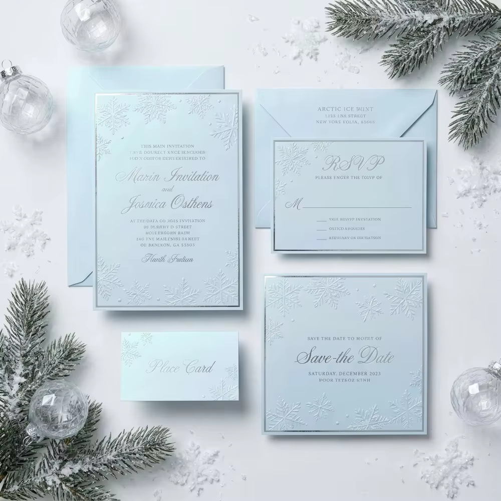 Luxury Premium Ice Blue Snowflake 3D Relief Wedding Invitation Suite RSVP Save the Date Place Card Envelope