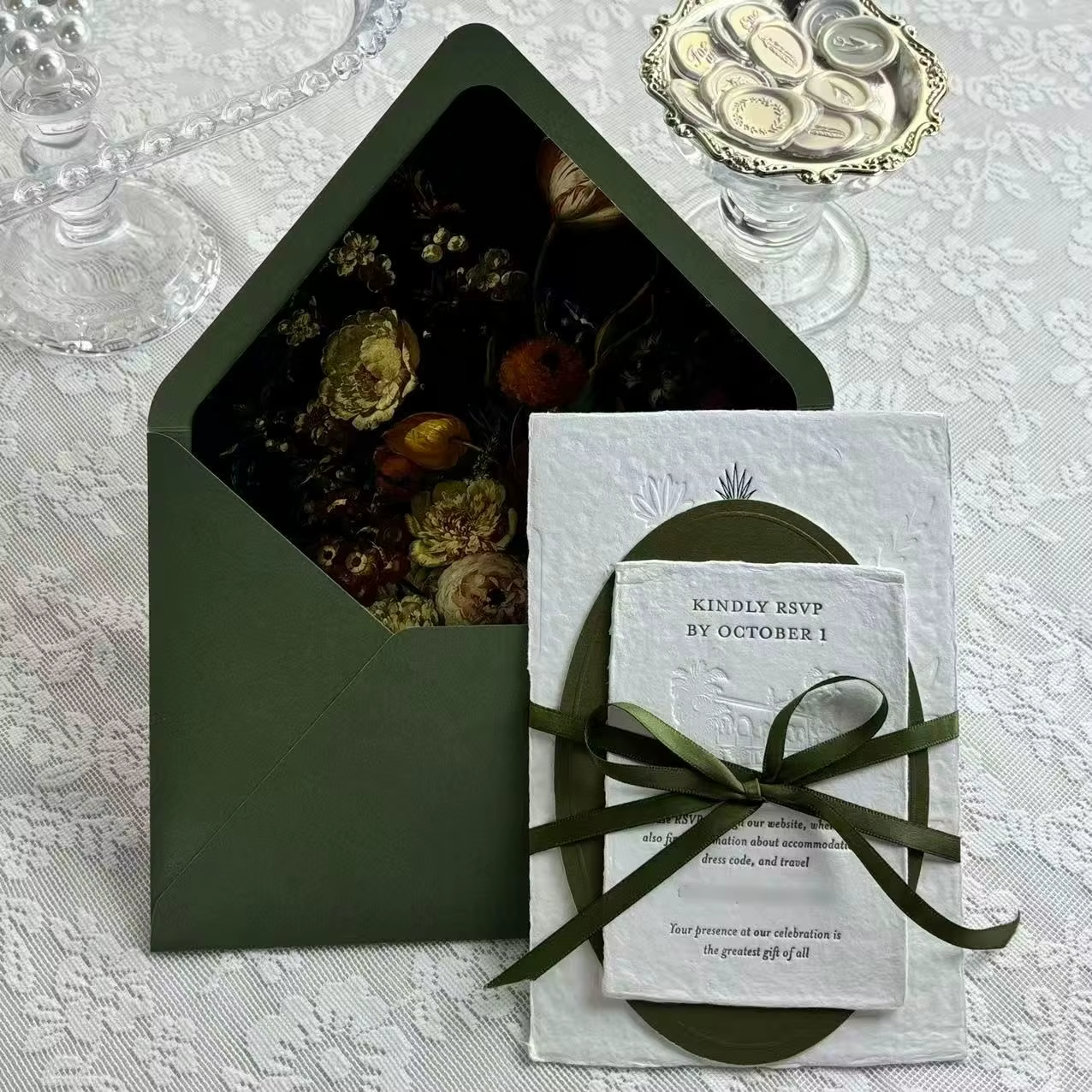 Wedding Invitations Luxury Forest Green Handmade Paper Invitation Set Deckle Edge Cotton Paper for Engagement Party RSVP