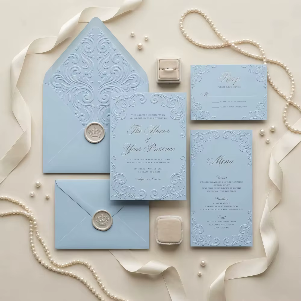 Bridgerton Style Luxury Regency Blue 3D Relief Wedding Invitation Suite with RSVP Menu Card Details Thank You Card Envelope