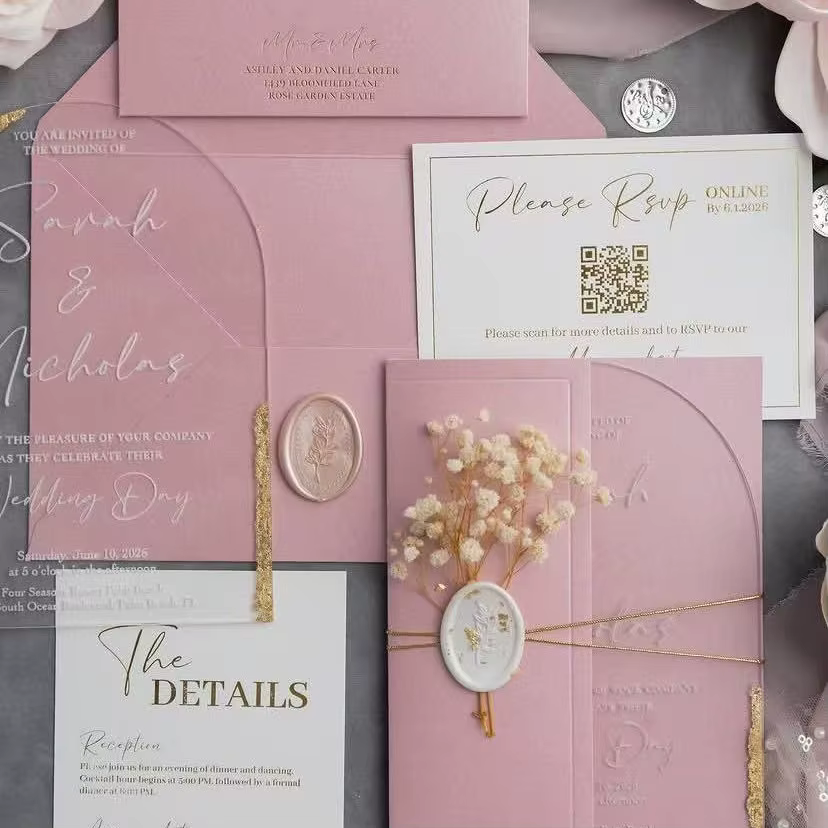 Custom Transparent Acrylic Wedding Invitation, Creative Rectangular Design, Gold Foiled Edge, With Envelope, Standard Card Size