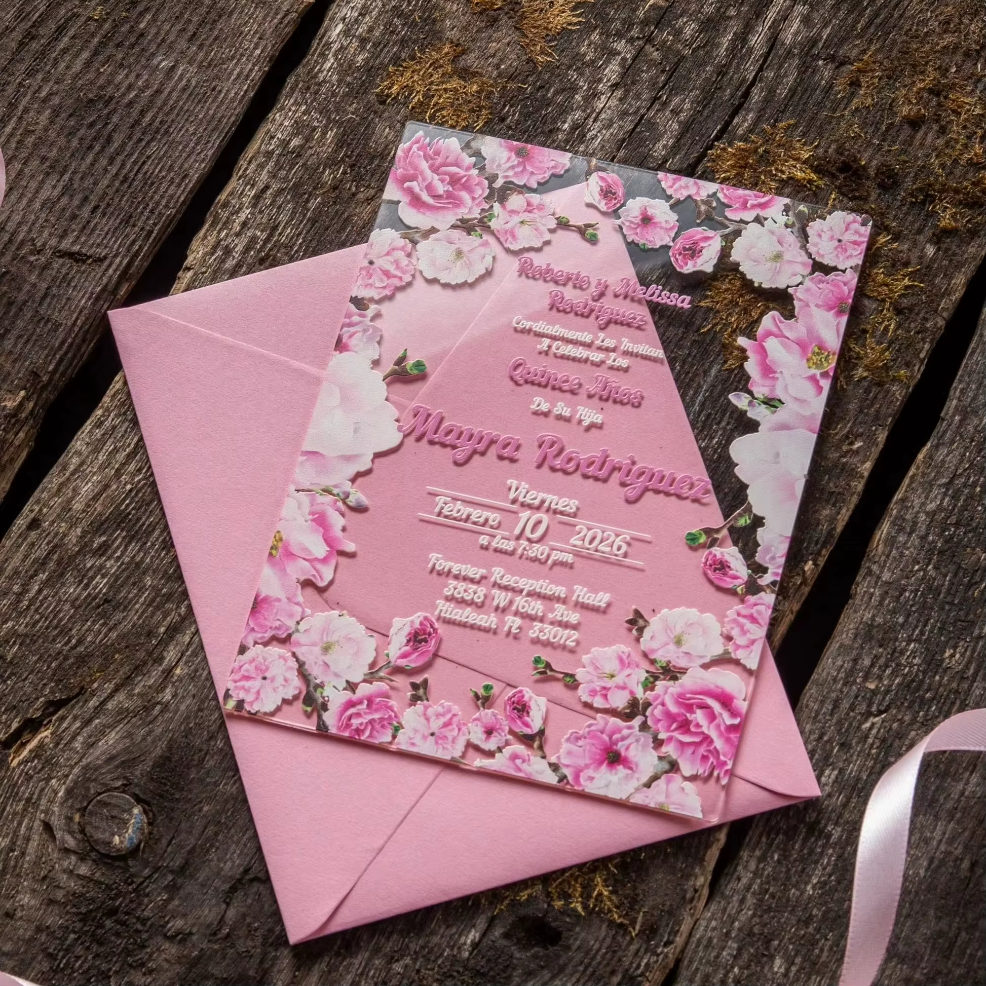 Luxury Clear Acrylic Pink Cherry Blossom Quinceanera Invitation with Spanish Floral Design and Custom Printing