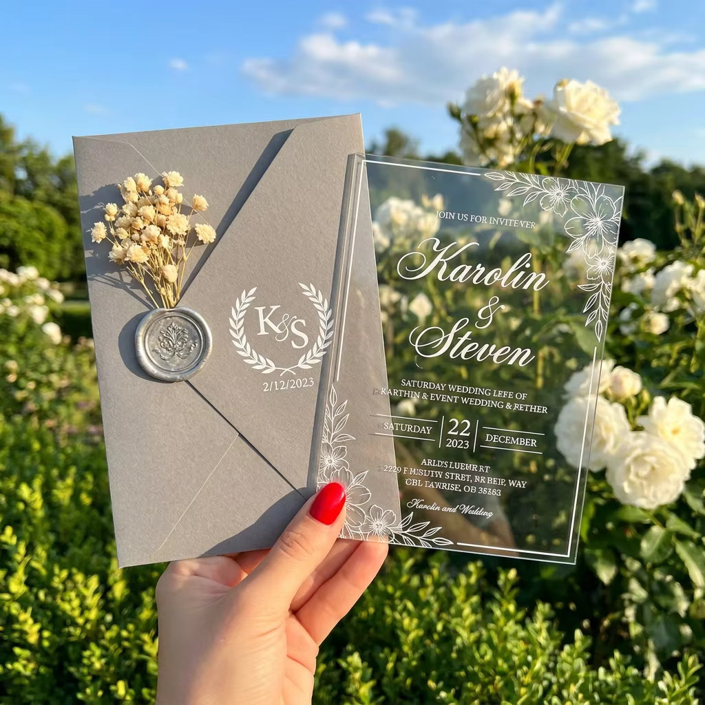 Sophisticated Minimalist Acrylic Wedding Invitation Suite Custom Design Invite With Silver Wax Seal Ribbon and Dried Flowers