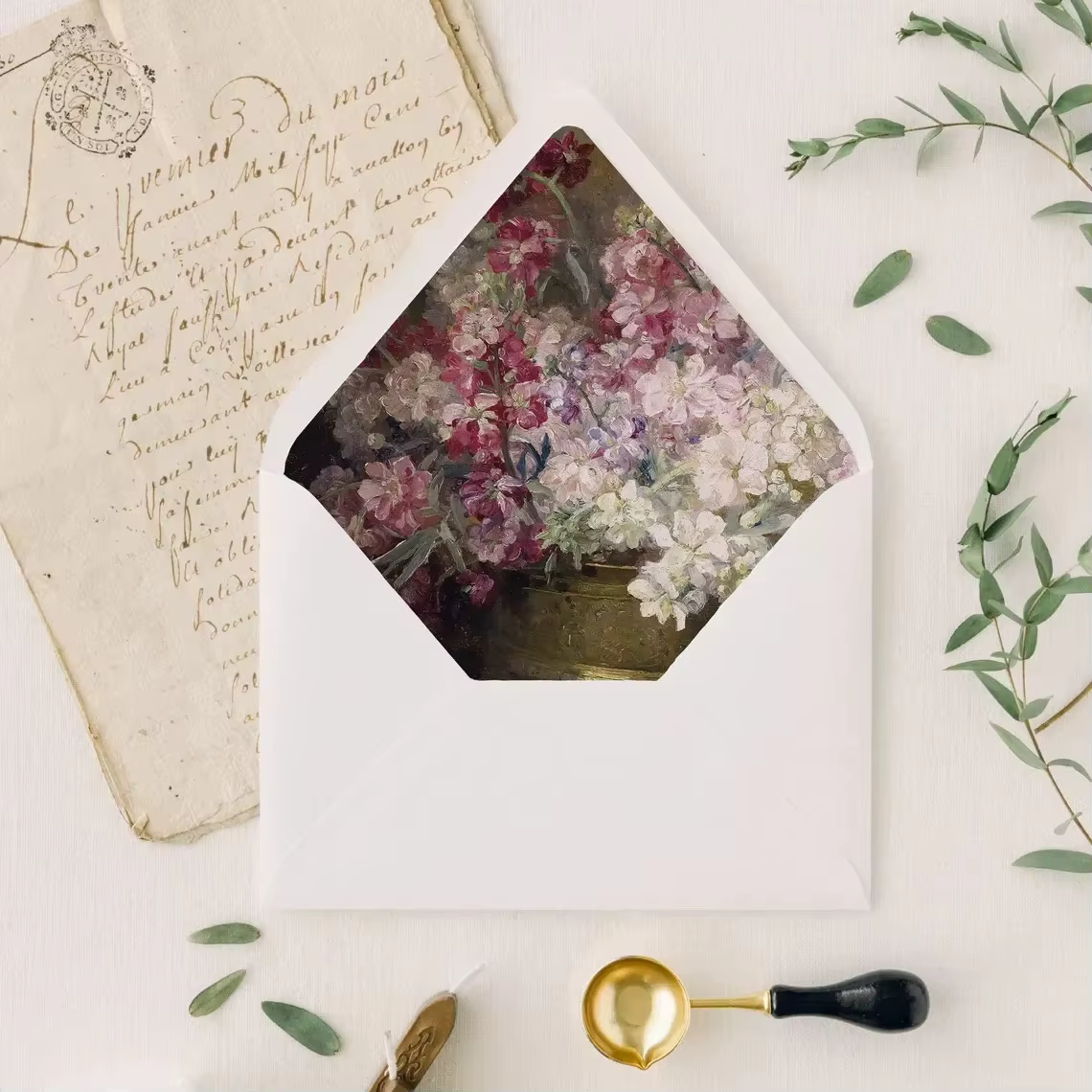Luxury White Square Flap Wedding Invitation Envelope Floral Painting Liner Vintage Botanical Deckled Custom Printing