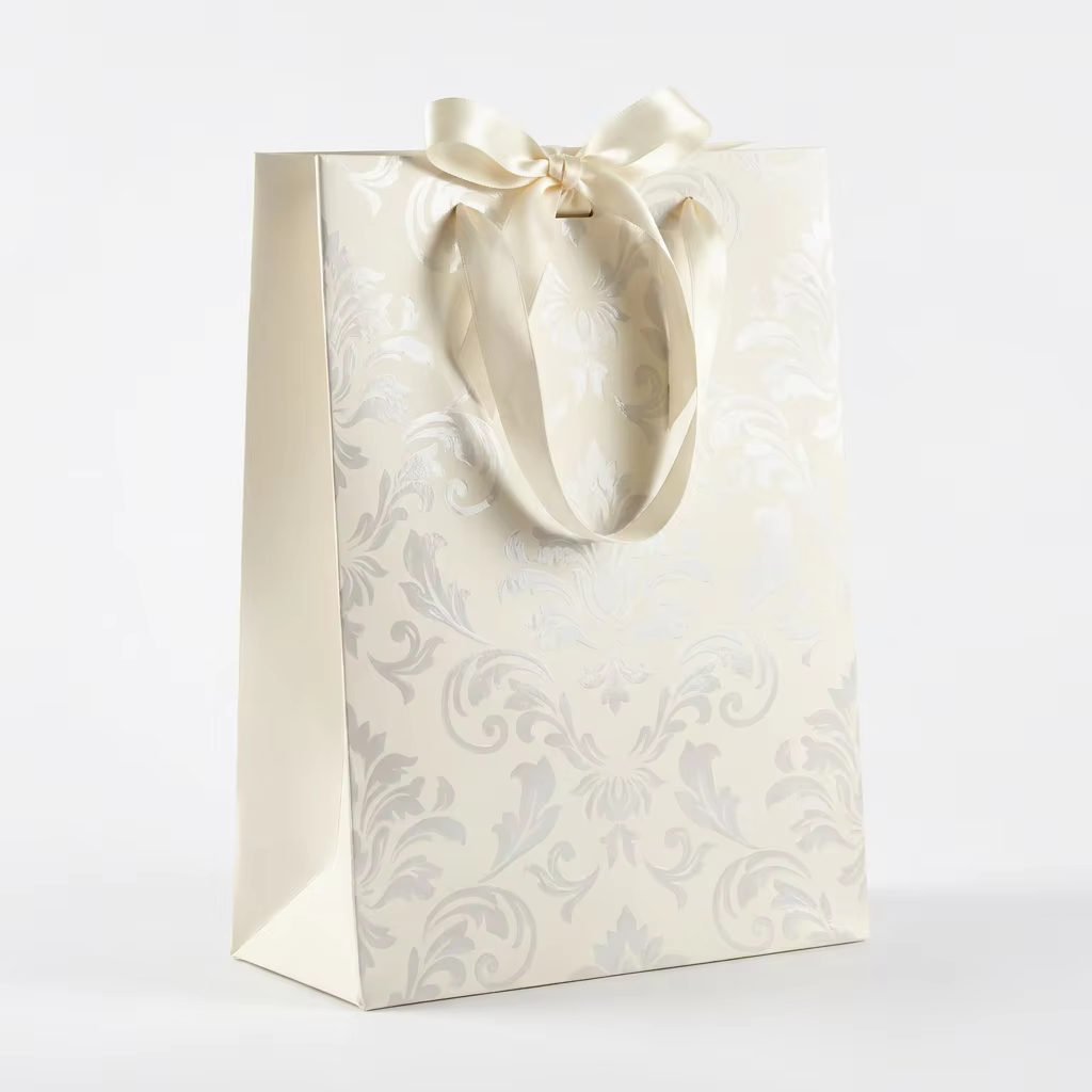 Luxury Cream Damask Paper Gift Bag Custom Logo Print Baroque Style Packaging With Large Satin Ribbon Bow Handle