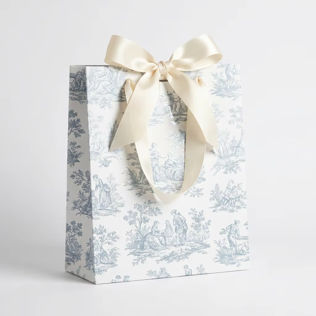Elite Quality Custom Printed Blue Toile De Jouy Bag for Luxury Wedding Anniversary Personalized Gift Suite With Ribbon Bow