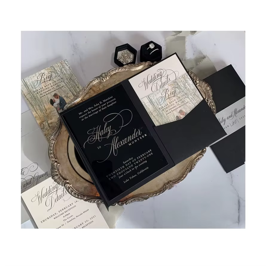 Luxury Black Matte Gloss Acrylic Wedding Invitation Suite Silver Belly Band Photo RSVP Woodland Details Custom Printing