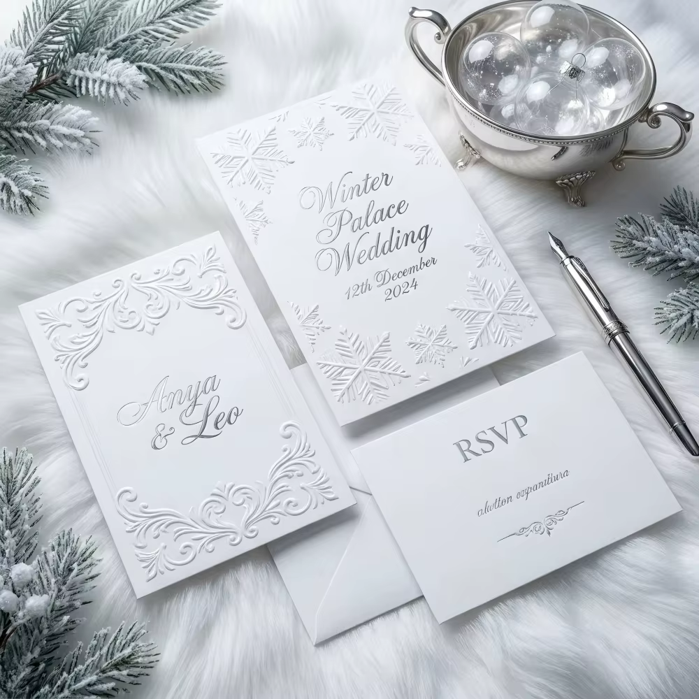 Premium Snowflake 3D Relief Wedding Invitation Suite Envelope RSVP Thank You Card Details Card Set