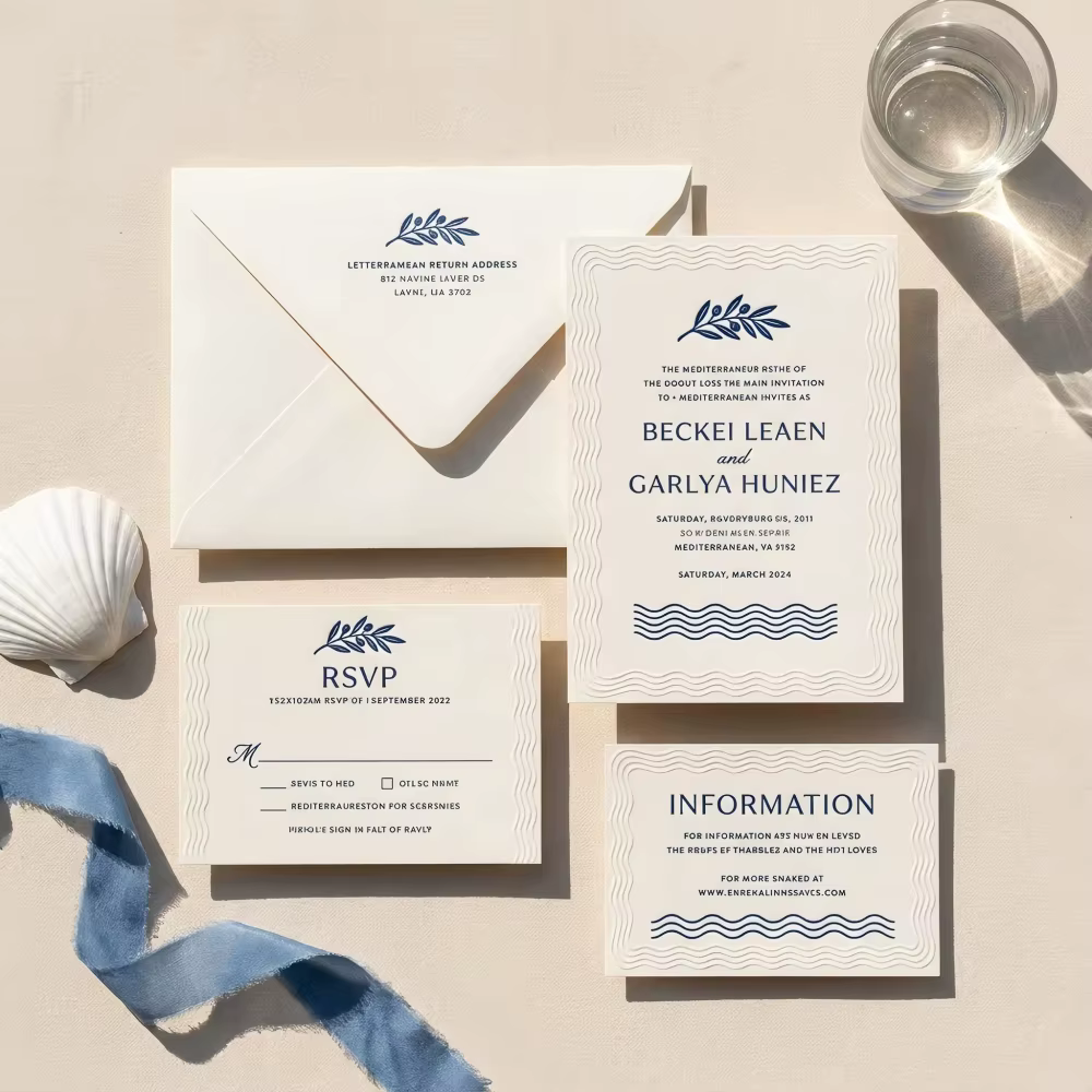 Mediterranean 3D Wave Embossed Luxury Navy Blue Olive Branch Wedding Invitation Suite RSVP Information Card Envelope Set