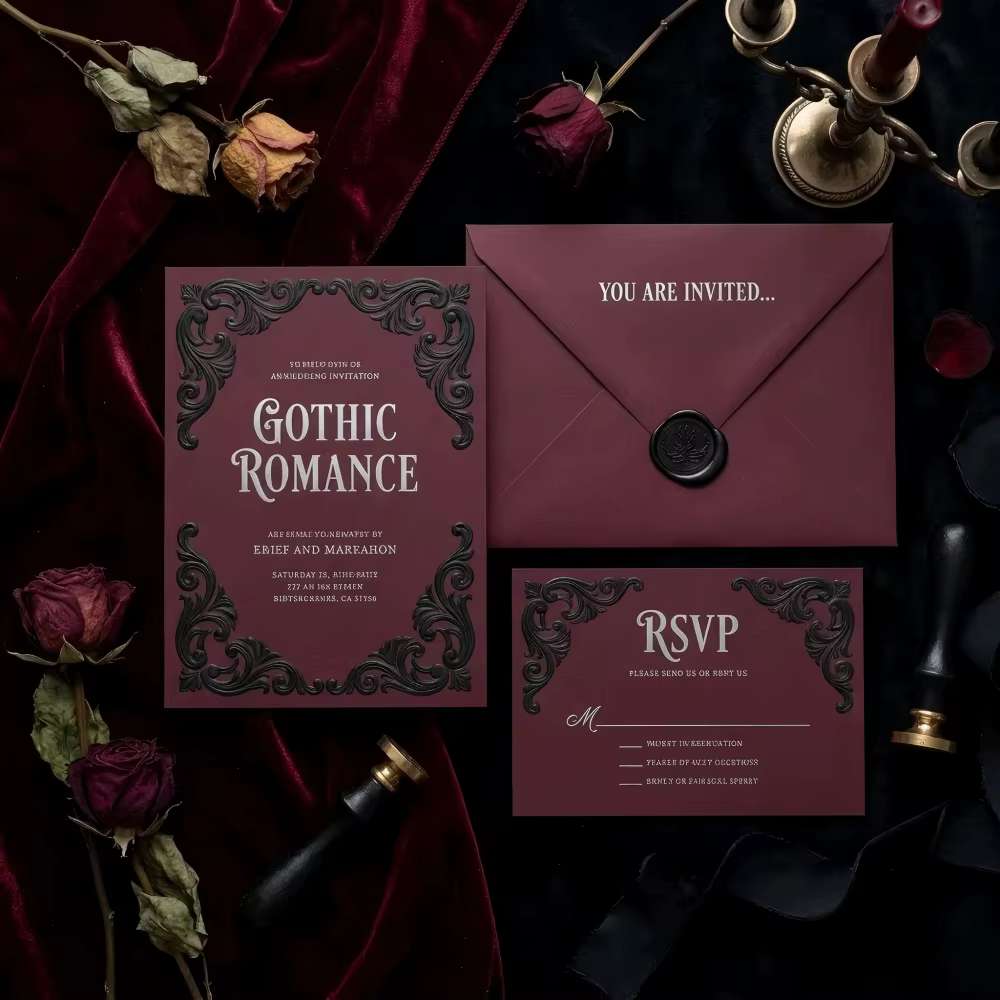 Gothic Romance Luxury Burgundy Black 3D Relief Wedding Invitation Suite with RSVP Details Card Thank You Card Envelope
