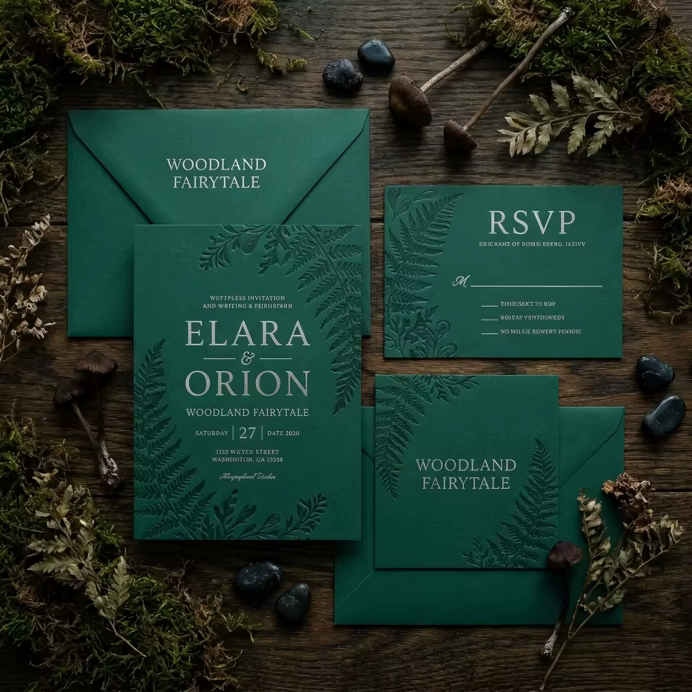 Luxury Woodland Fairytale Premium Deep Green Fern 3D Embossed Wedding Invitation Suite RSVP Details Thank You Card Envelope