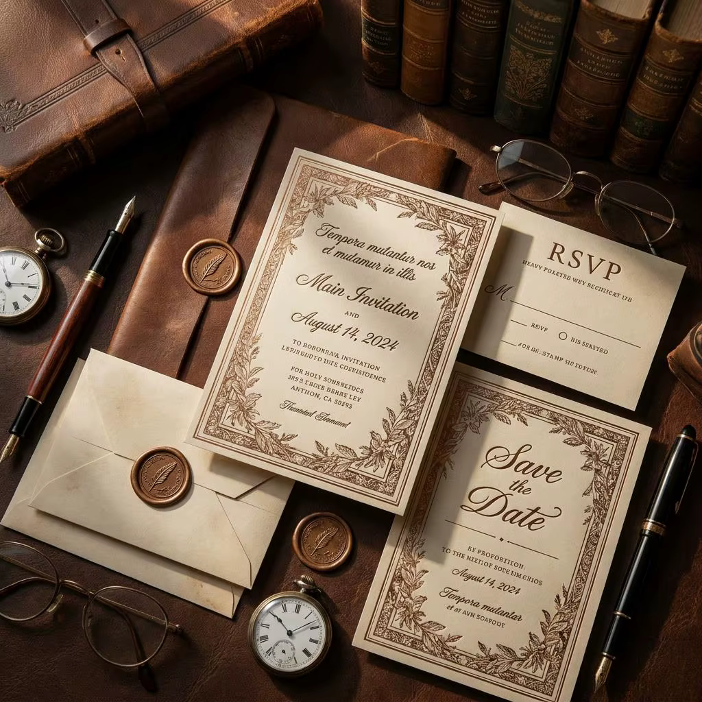 Bespoke Aged Dark Academia Vintage Luxury Antique Style Wedding Invitation Suite with RSVP Details Card Thank You Card Envelope
