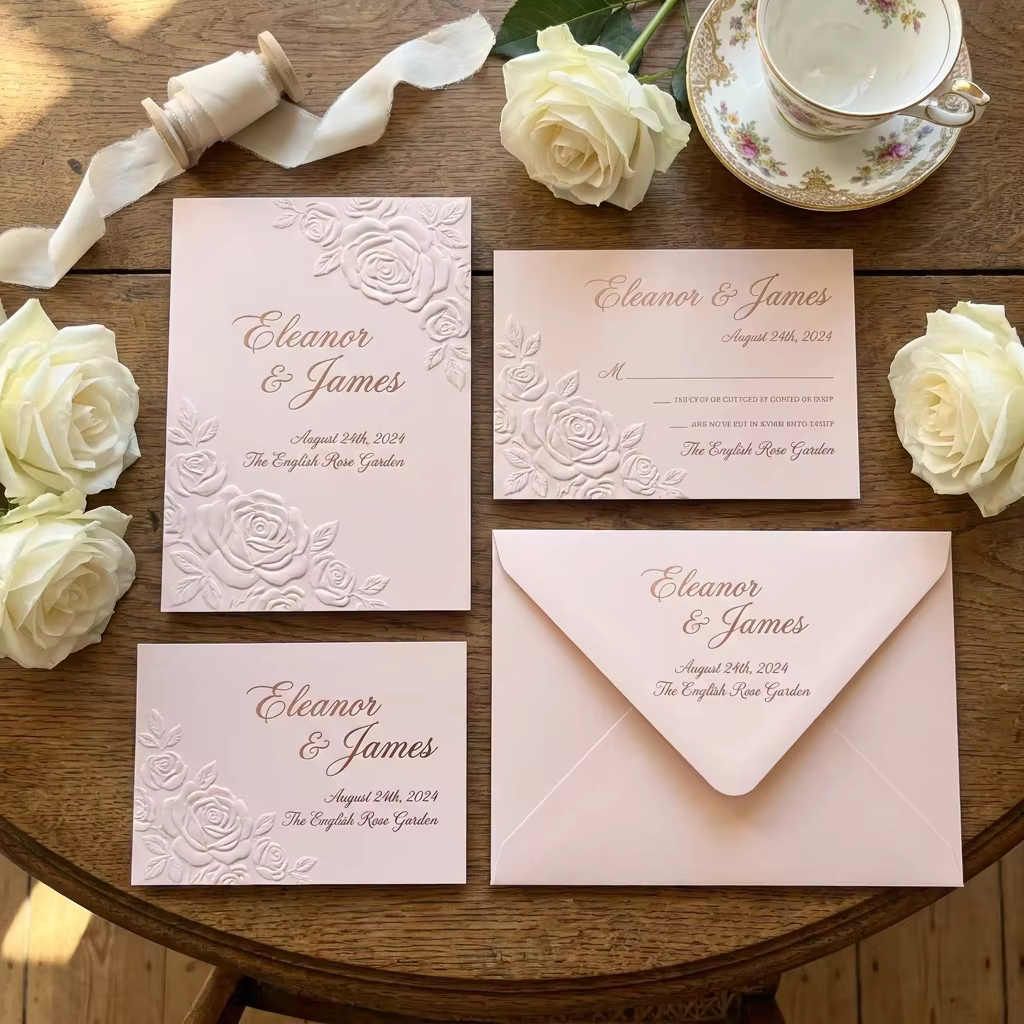 Professional Planner Bespoke Luxury Blush Pink 3D Rose Embossed Wedding Invitation Suite RSVP Details Thank You Card Envelope