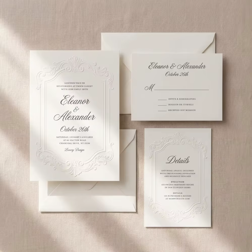 Bespoke Heraldic Crest 3D Relief Wedding Invitation Suite Details RSVP Thank You Cards Envelopes Set