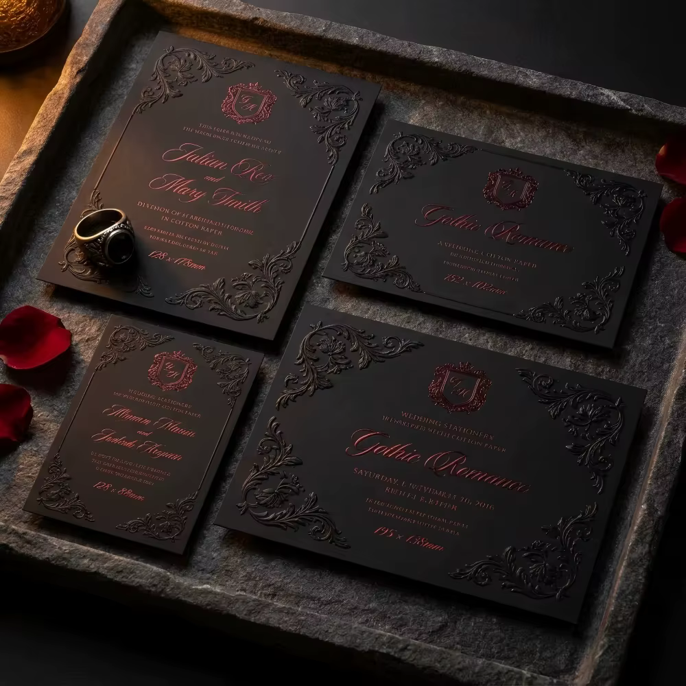 Luxury Dark Gothic Romance 3D Relief Wedding Invitation Suite RSVP Details Card Thank You Card Envelope Black Red Set