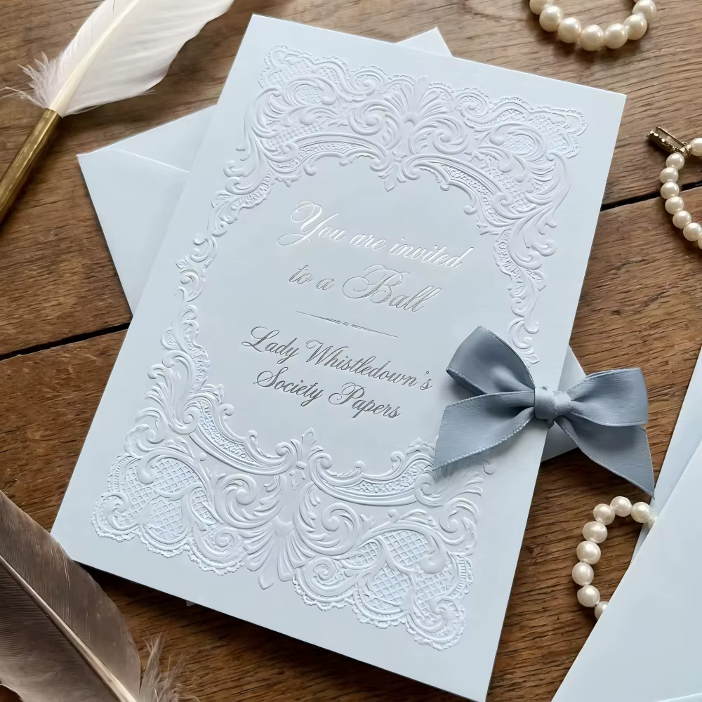 Luxury Regency Blue Bridgerton Style 3D Relief Wedding Invitation Suite RSVP Details Thank You Card Envelope Set