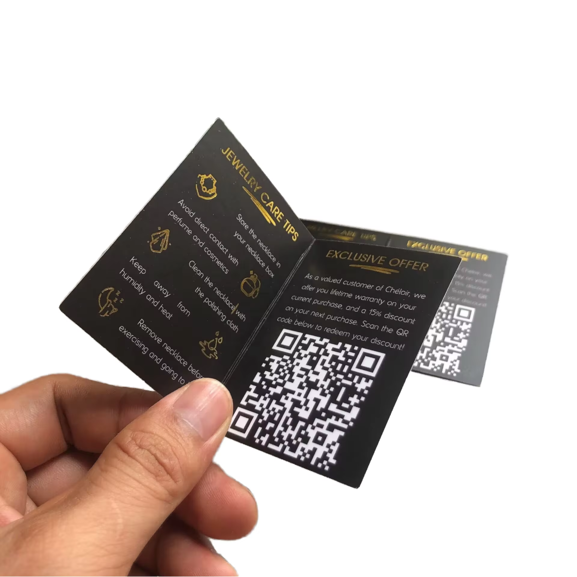 Custom Luxury Gold Foil Folding Business Card Printing Black Thank You Cards Gift Card Coated Paper Own Logo Instagram QR Code