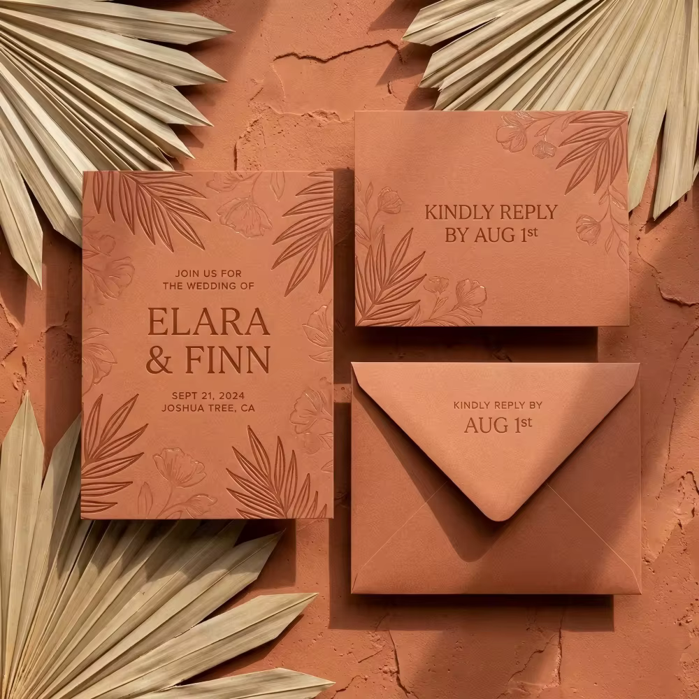 Bohemian Terracotta Luxury Desert Boho 3D Embossed Wedding Invitation Suite RSVP Thank You Card Details Envelope Set