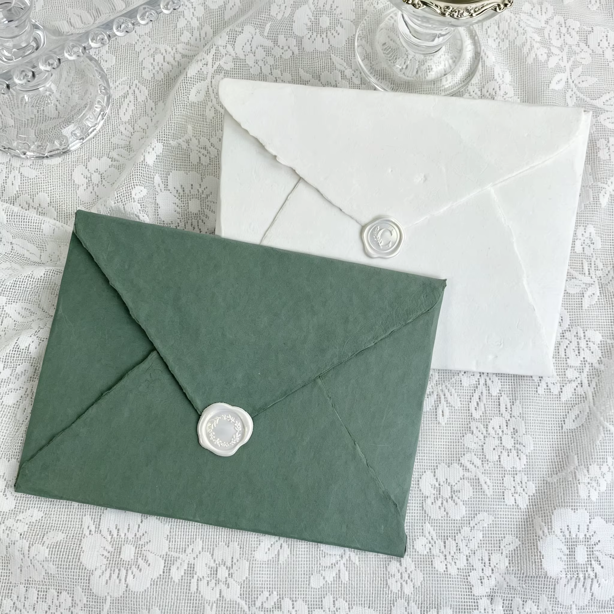Handmade Deckled Edge Envelopes Custom Cotton Paper Sage Green White Luxury Mailing Stationery Greeting Card Mailing Envelopes