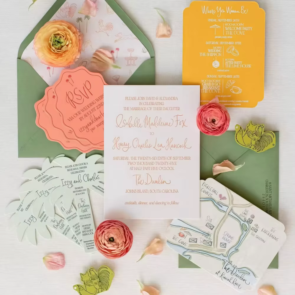 Bespoke Luxury Tropical Boho Palm Wedding Invitations with Whimsical Hand-Drawn Map Die-Cut Design-Bespoke Wedding Card Set