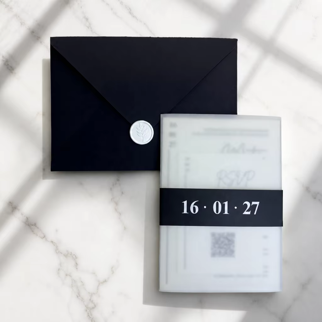 Minimalist Black Wedding Invitation Suite with Vellum Jacket Belly Band Wax Seal & QR Code RSVP Card Luxury Wedding Event Decor