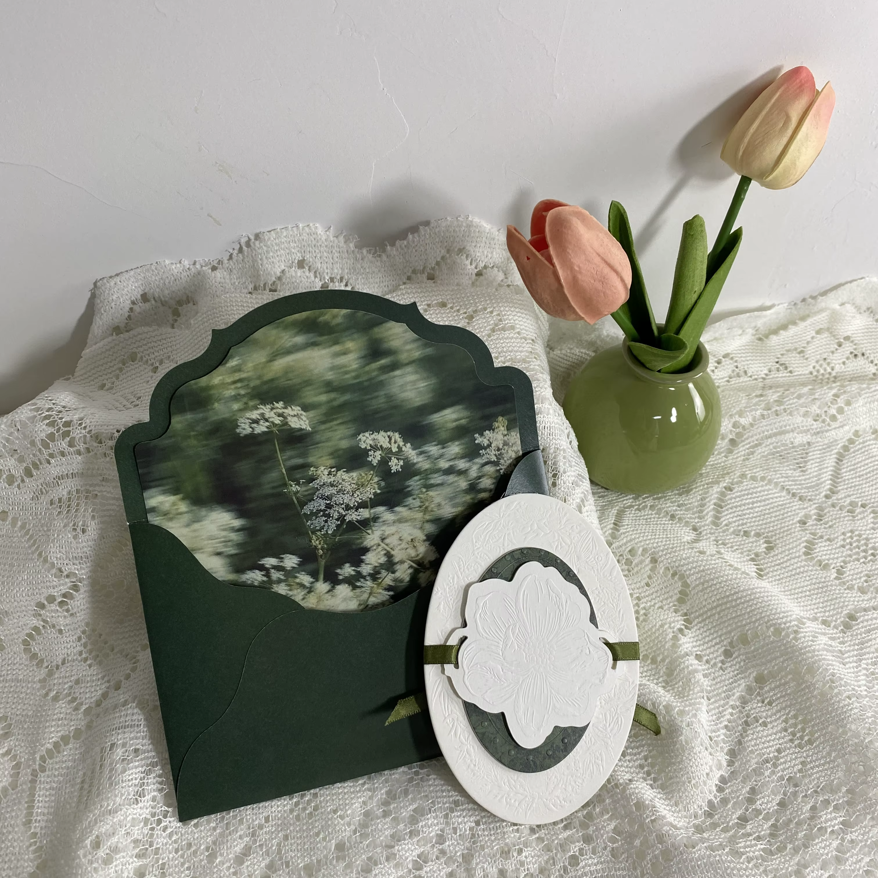 Wedding Invitation Set Forest Green Oval 3D Embossed Botanical Liner Luxury Bridal Shower Engagement Stationery