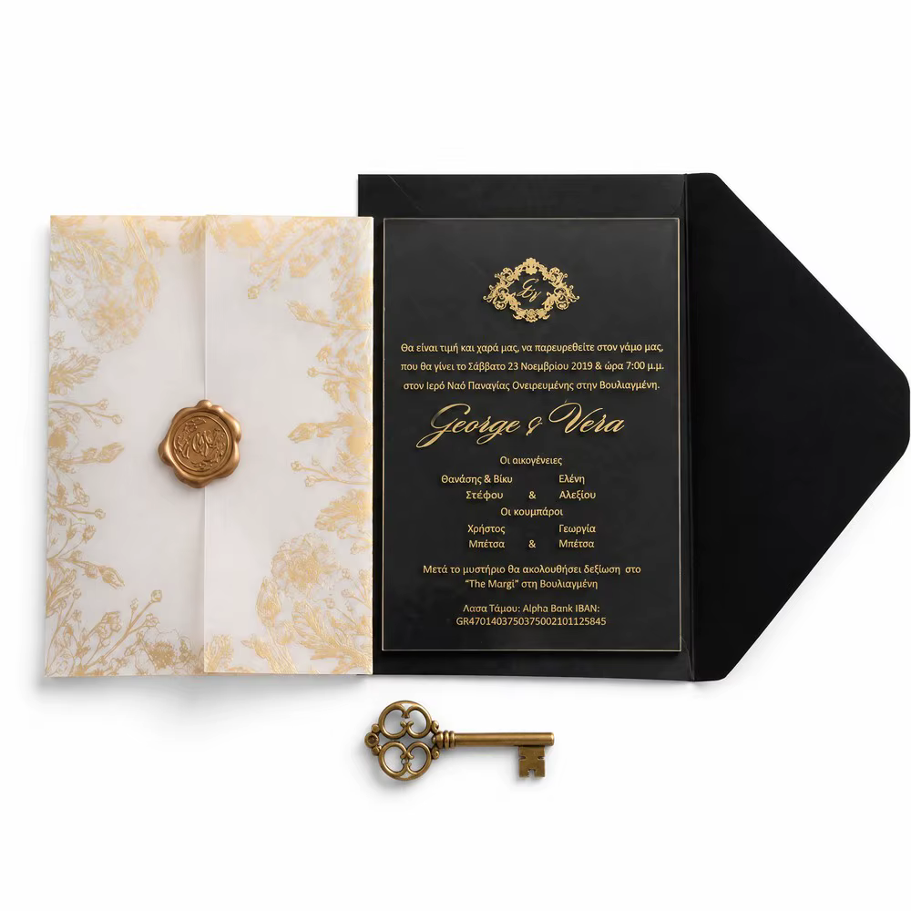 Acrylic Wedding Invitation Cards Clear Gold Foil Monogram Crest Translucent Vellum Wrap Black Envelope Custom Names