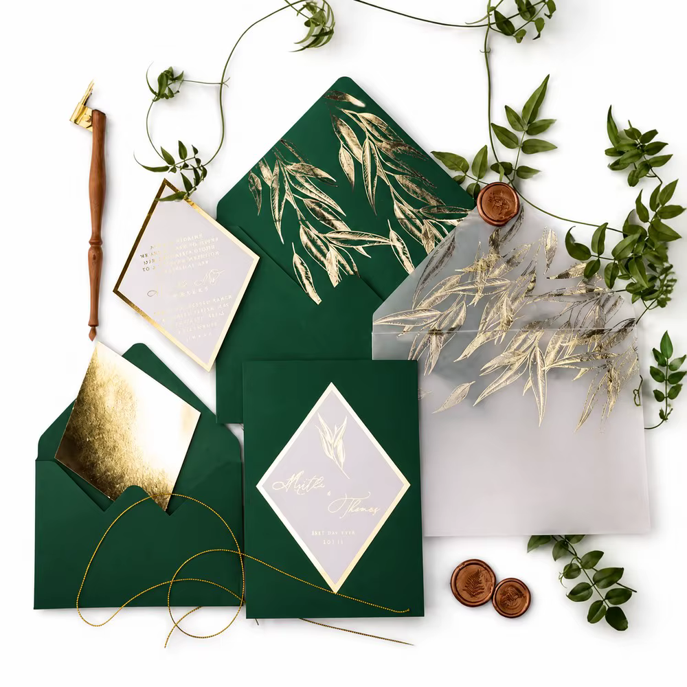 Luxury Emerald Green Wedding Invitation Suite Gold Foil Botanical Leaf Diamond Insert Vellum Envelope Wax Seal Wholesale