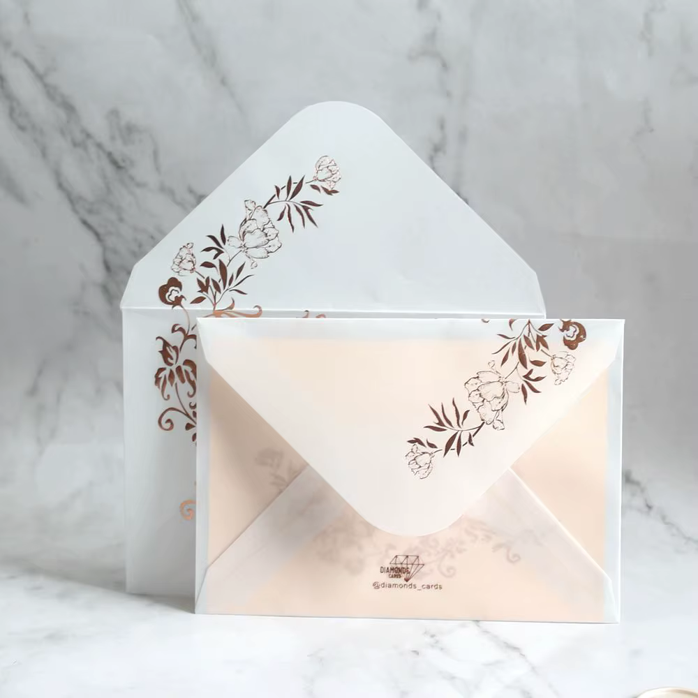 Luxury Cream Translucent Vellum Wedding Invitation Envelope Set Rose Gold Copper Foil Floral Diamond Brand Custom Printing