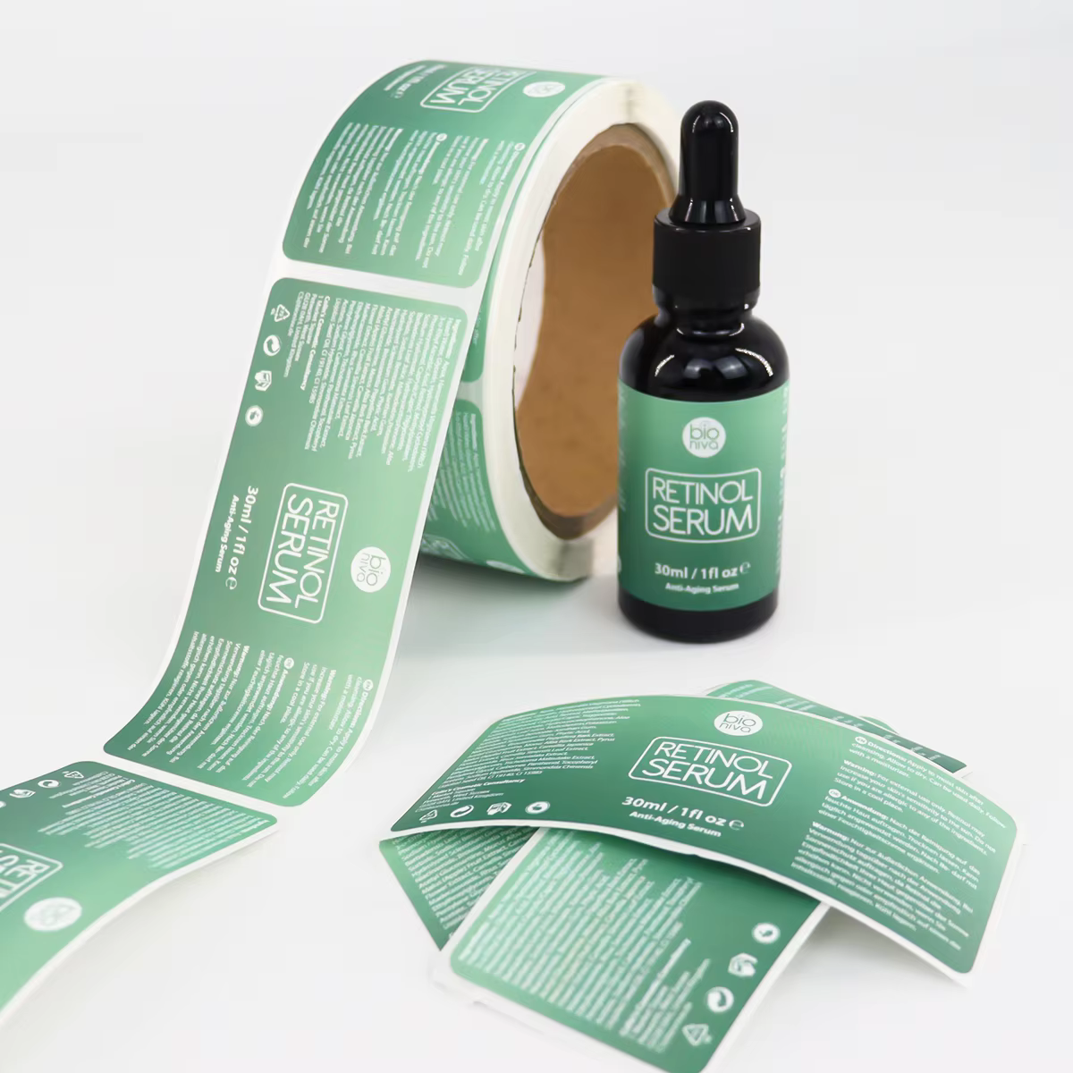 Custom Packaging Sticker Roll Labels for Retinol Serum Dropper Bottle Waterproof Synthetic Private Label Cosmetic Branding