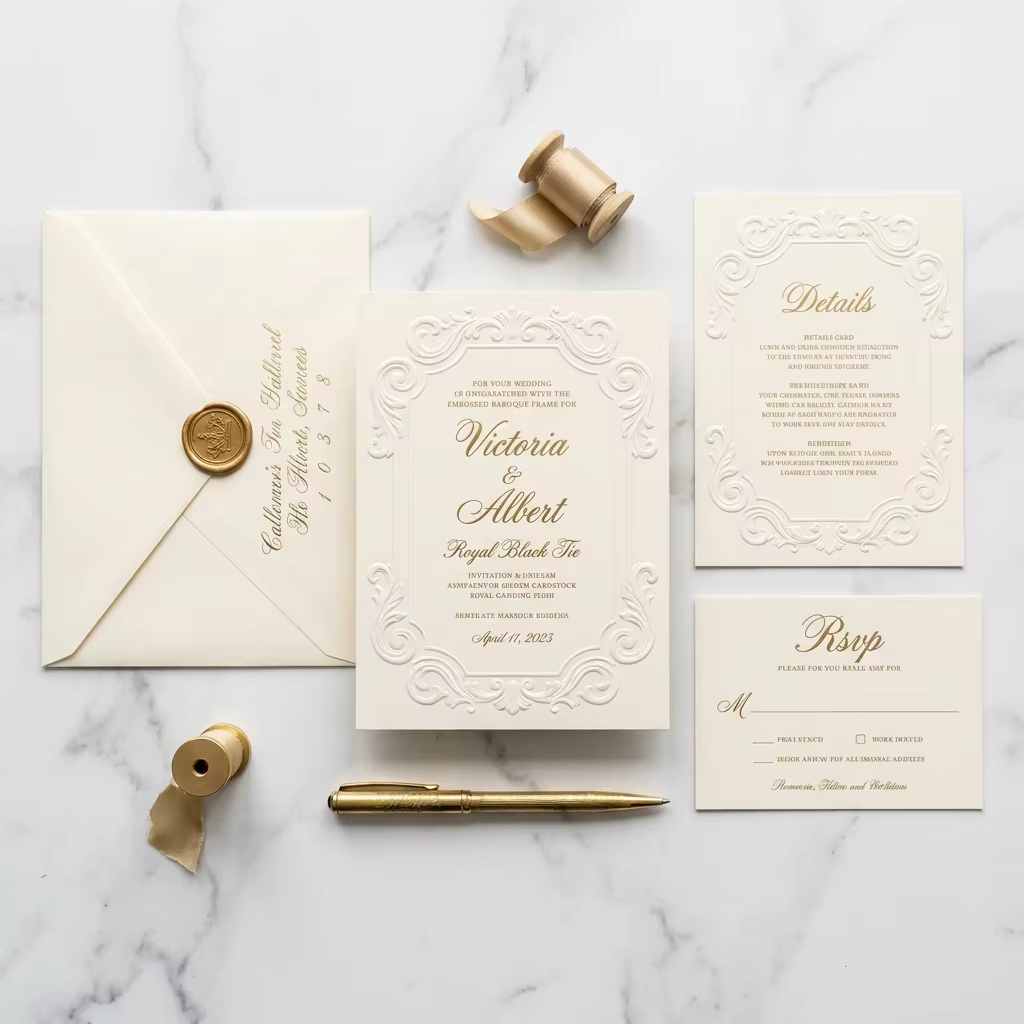 Luxury Cream Gold Baroque Embossed Textured Cotton Paper Wedding Invitation Suite Wax Seal Gold Foil Ribbon Custom Printing