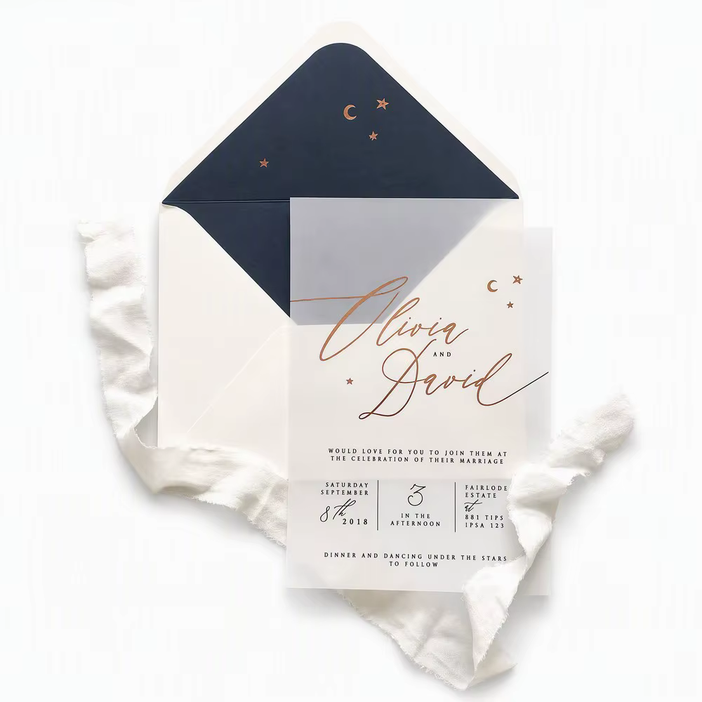 Elegant Starry Sky Wedding Invitation Set Luxury Foil Stamped Crescent Moon Navy Blue Liner Translucent Vellum Card
