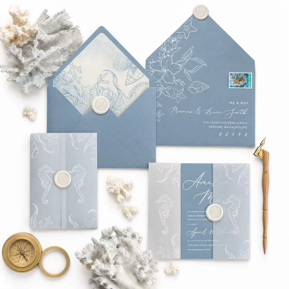 Customized Luxury Nautical Wedding Invitation Suite Wax Seal Vellum Wrap Ocean Watercolor Liner Cards for Bulk Wholesale Order