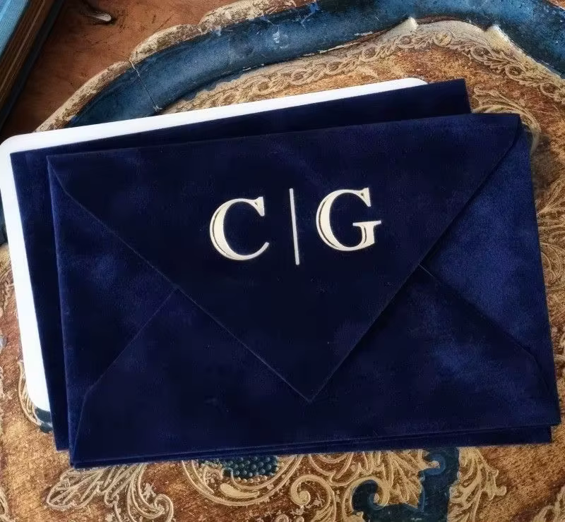 Luxury Navy Blue Velvet Suede Wedding Invitation Envelope Set CG Monogram Blind Embossed Gold Script Crest Custom Printing