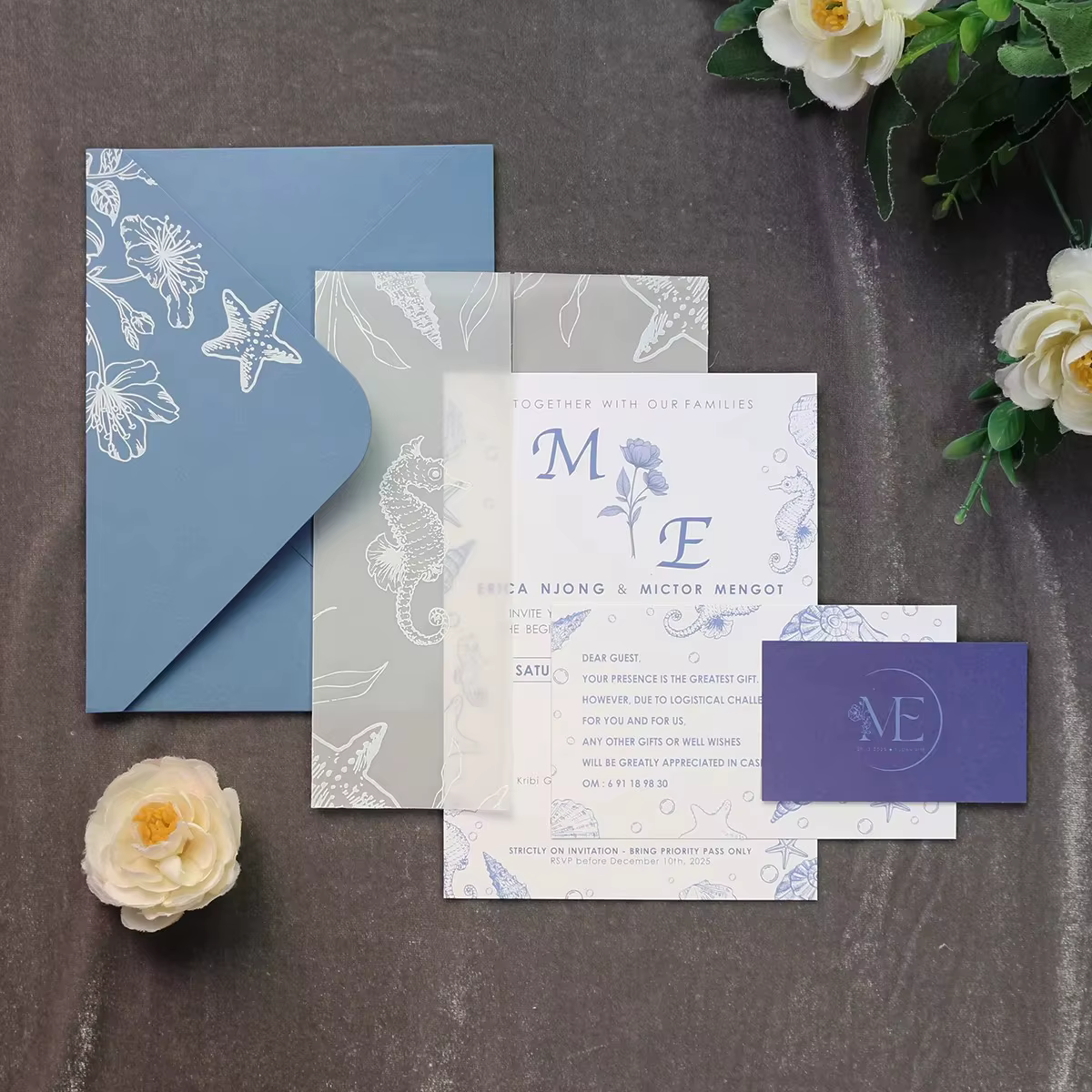 Luxury Dusty Blue Vellum Wedding Invitation Suite Nautical Seashell Seahorse Starfish Monogram Gift Card Custom Printing