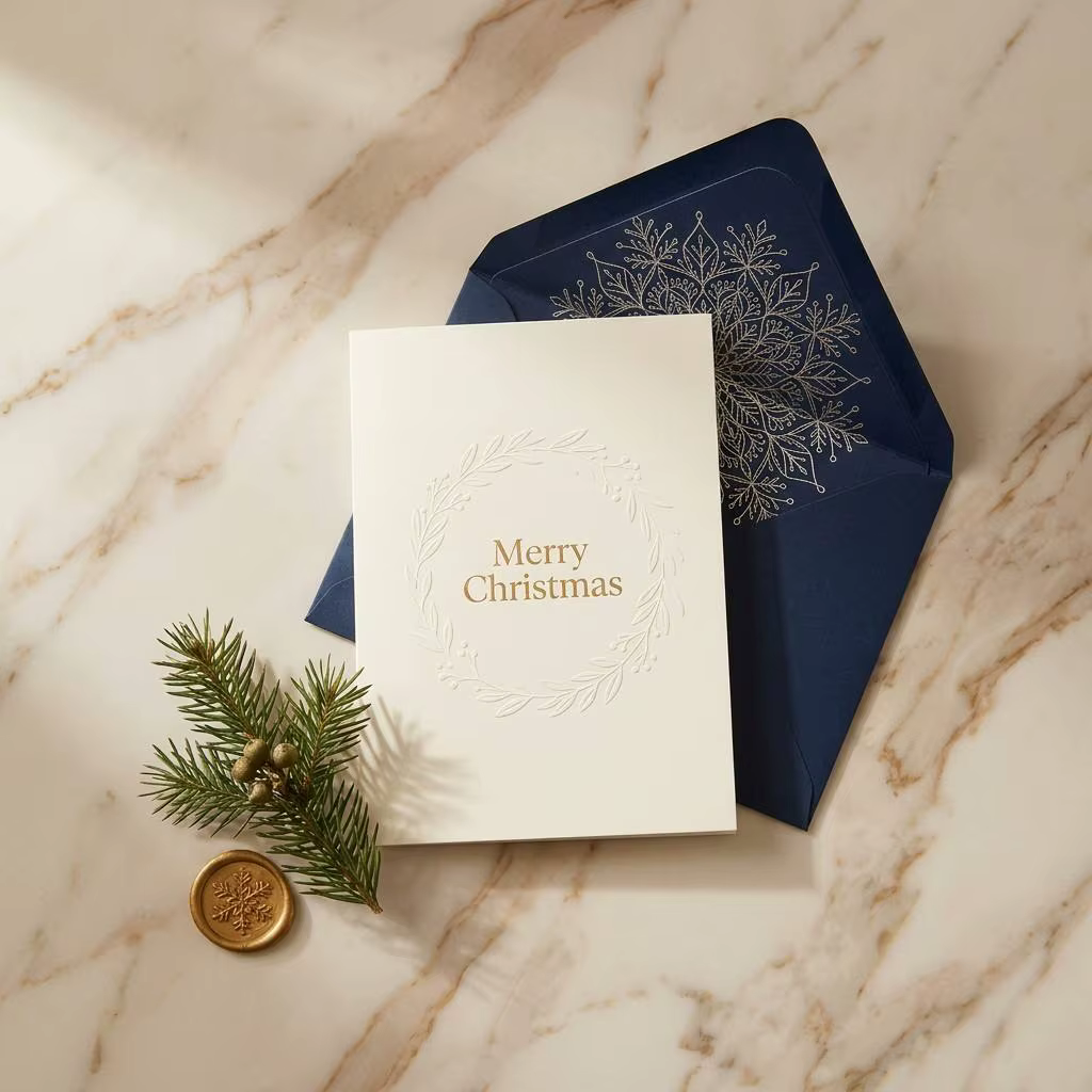 Luxury Minimalist Christmas Greeting Cards Embossed Gold Foil Holiday Stationery for Corporate Gifts and Personal Custom Notes